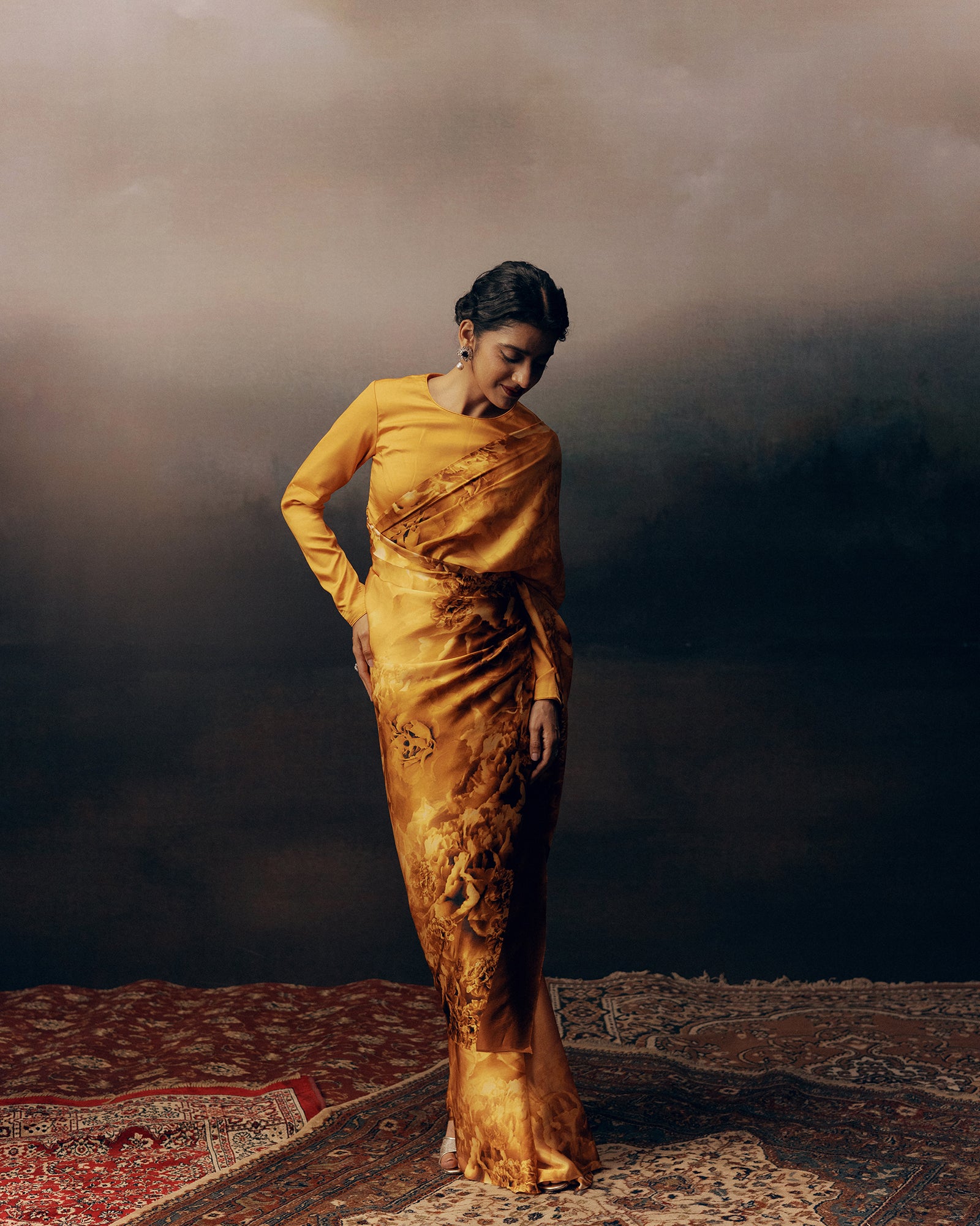 Orange Satin Crepe Silk Saree