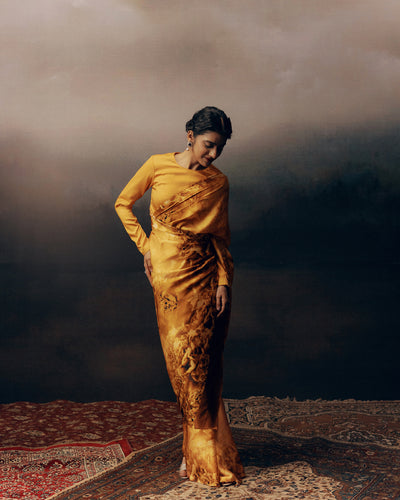 Orange Satin Crepe Silk Saree