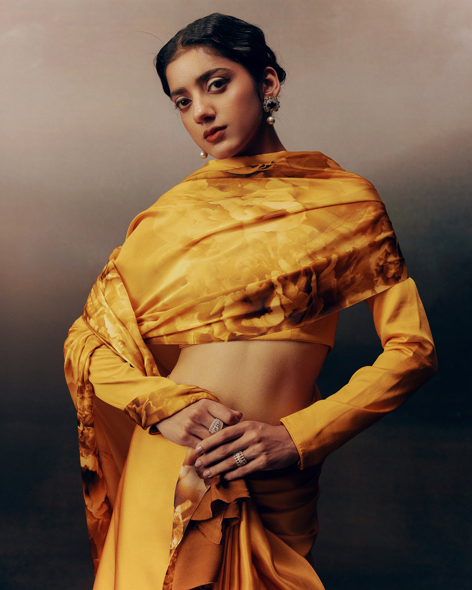 Orange Satin Crepe Silk Saree