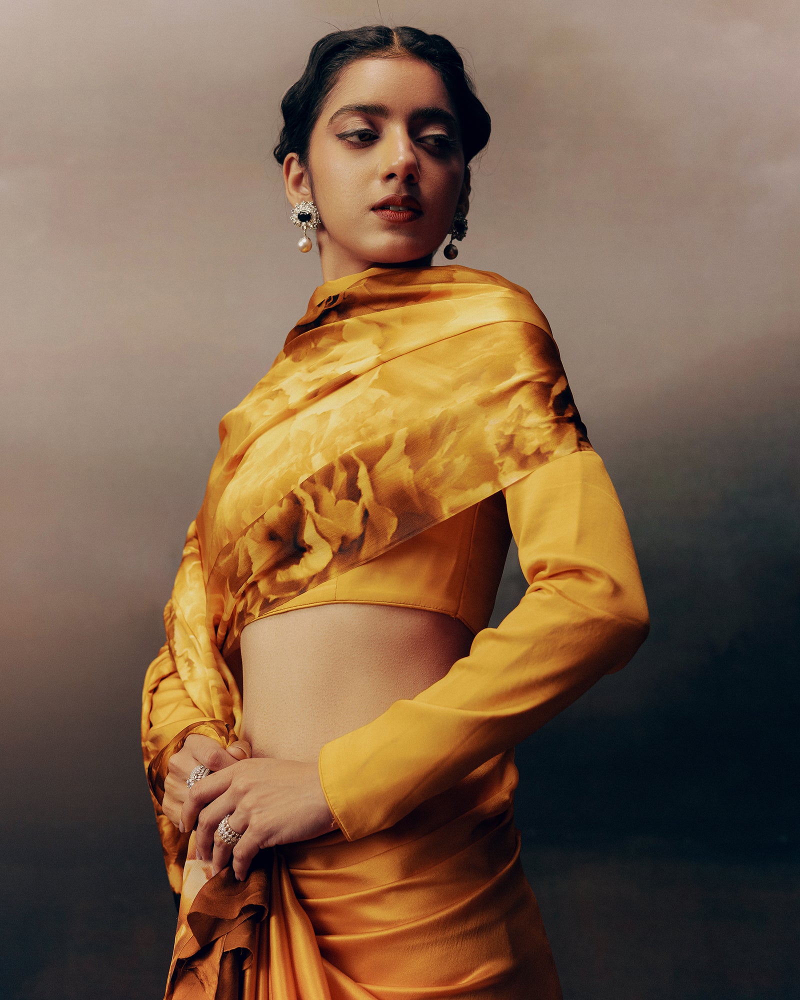 Orange Satin Crepe Silk Saree