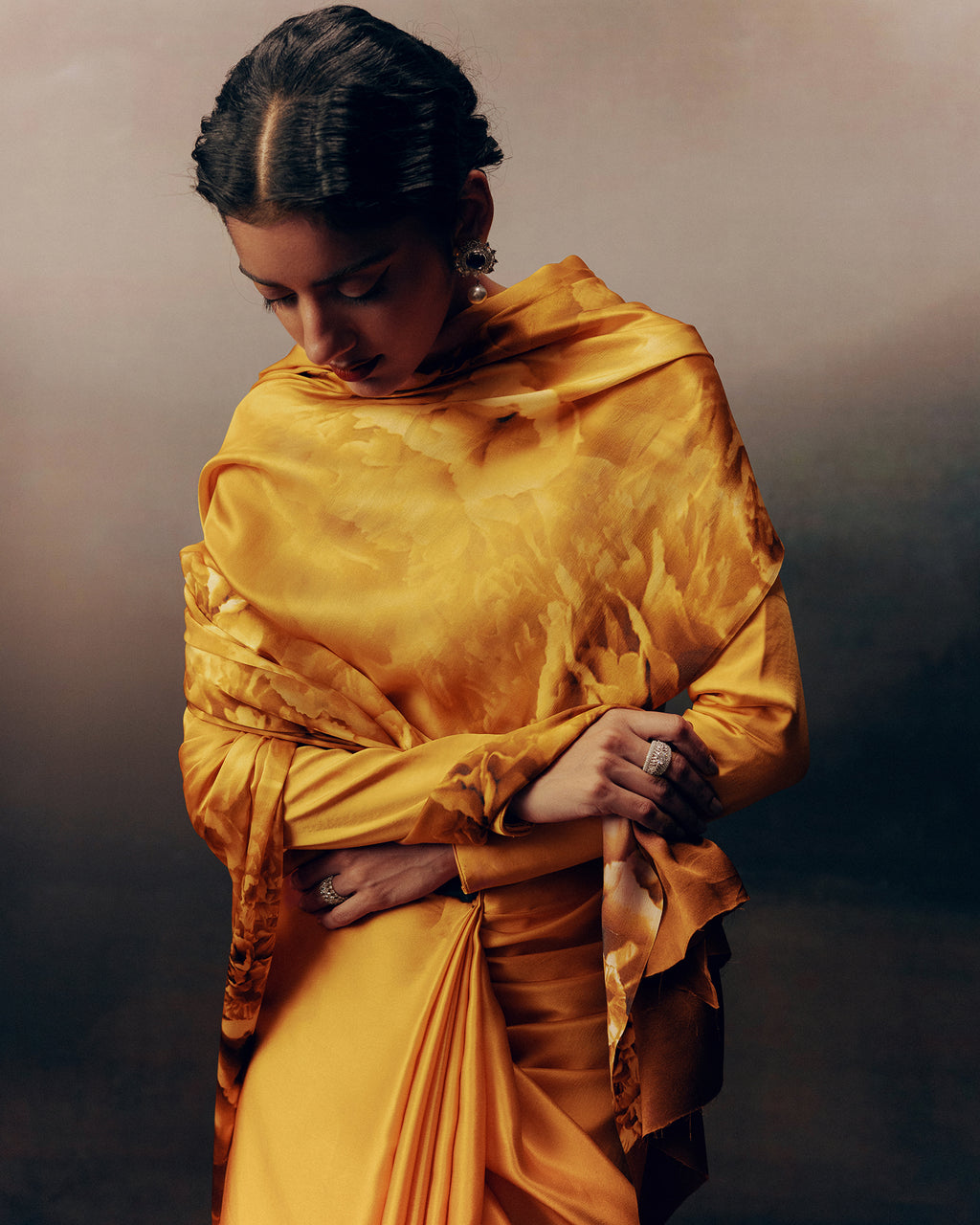 Orange Satin Crepe Silk Saree