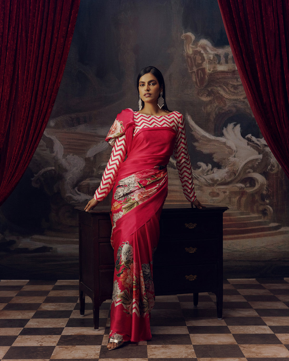 Pink Satin Crepe Saree