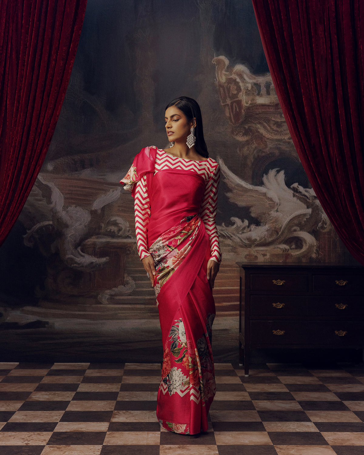 Pink Satin Crepe Saree