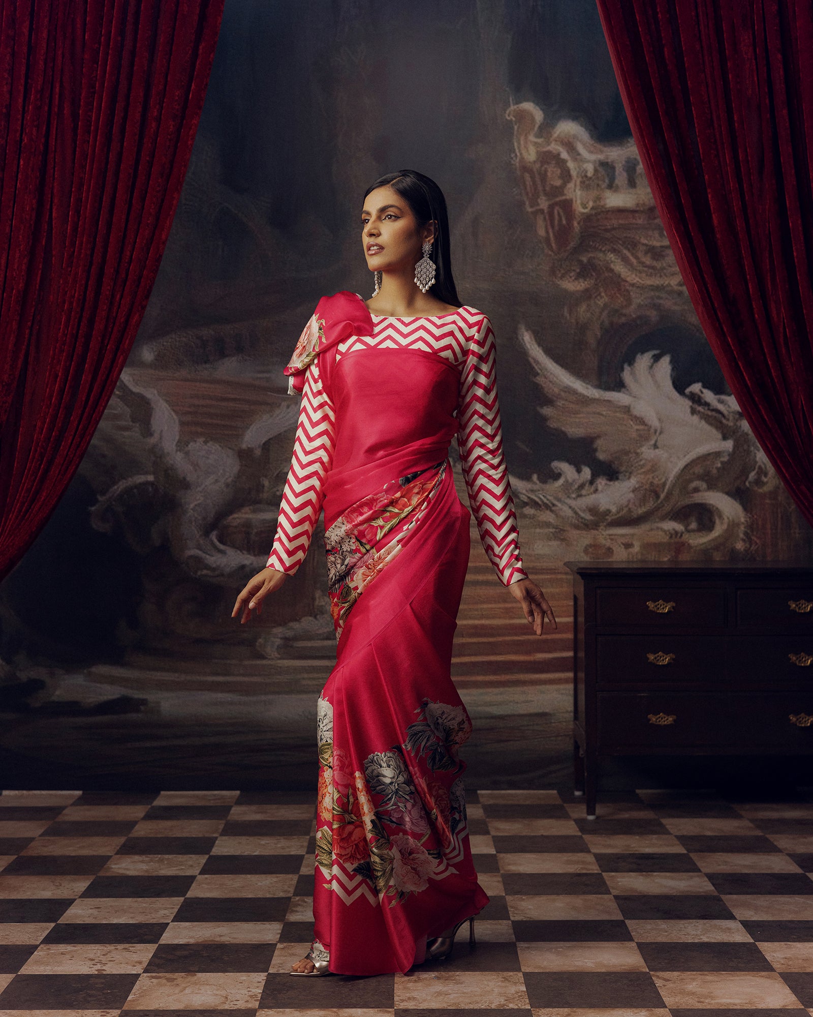 Pink Satin Crepe Saree