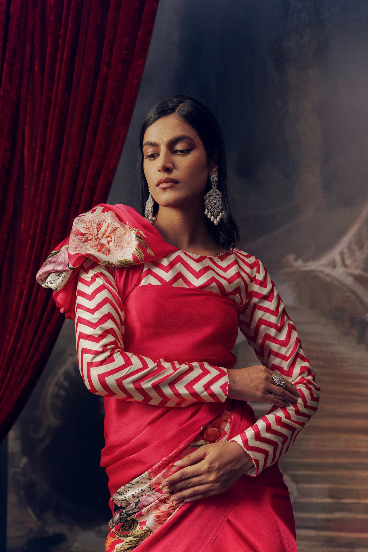 Pink Satin Crepe Saree