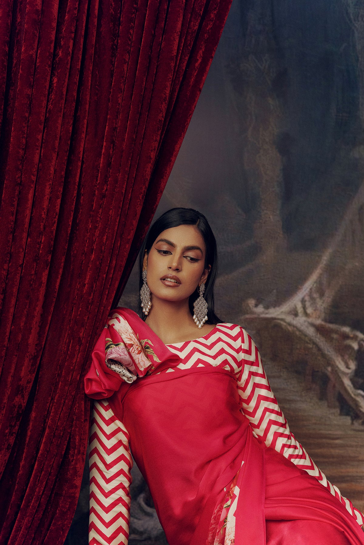 Pink Satin Crepe Saree