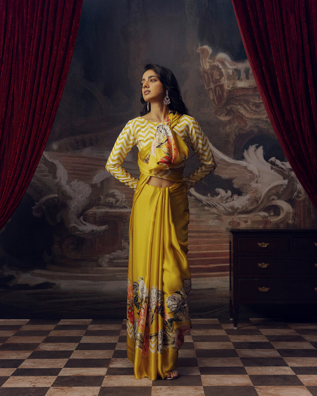 Yellow Satin Crepe Silk Saree