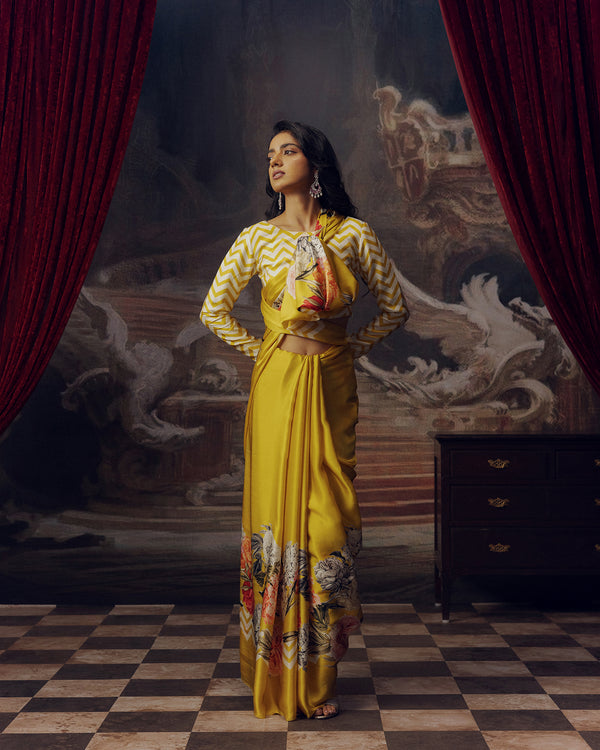 Yellow Satin Crepe Saree