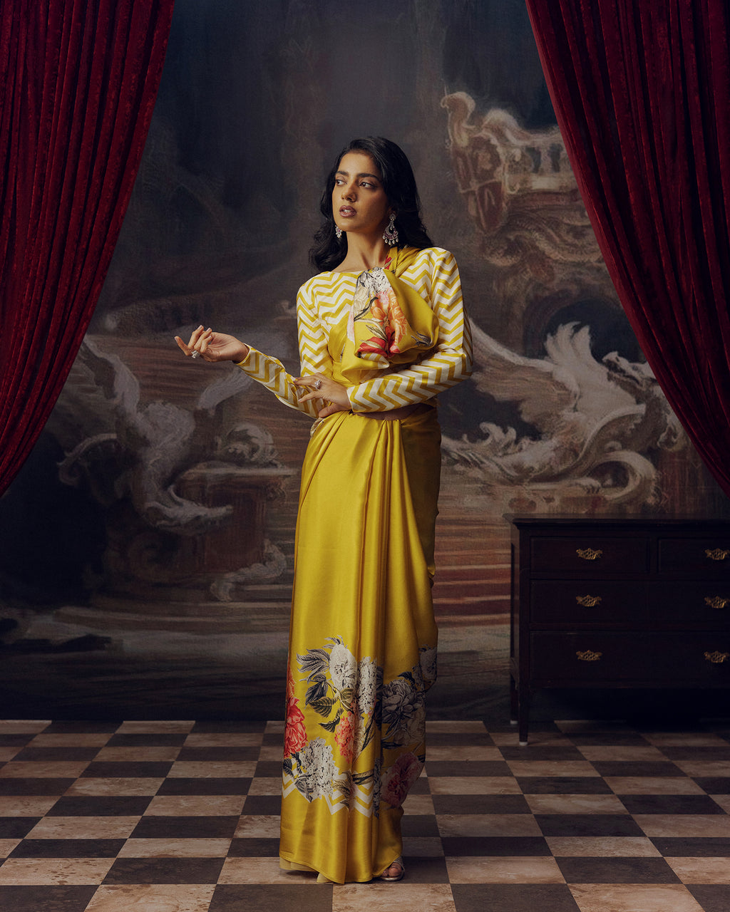 Yellow Satin Crepe Silk Saree