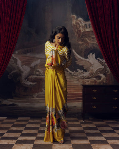 Yellow Satin Crepe Silk Saree