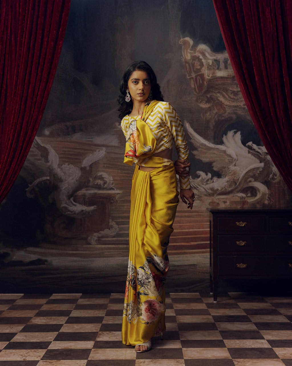 Yellow Satin Crepe Silk Saree
