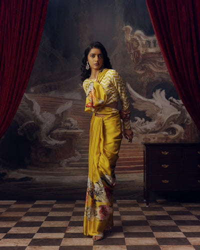 Yellow Satin Crepe Silk Saree