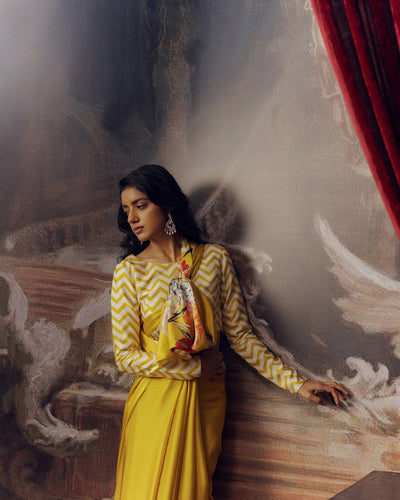 Yellow Satin Crepe Silk Saree