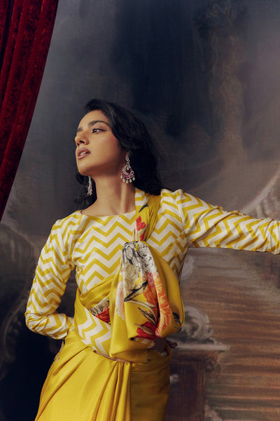 Yellow Satin Crepe Silk Saree