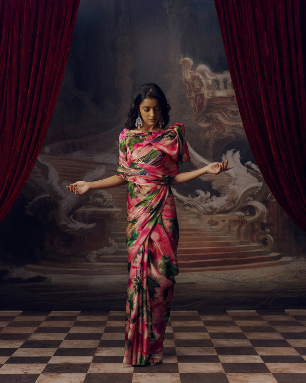 Green and Pink Satin Crepe Saree