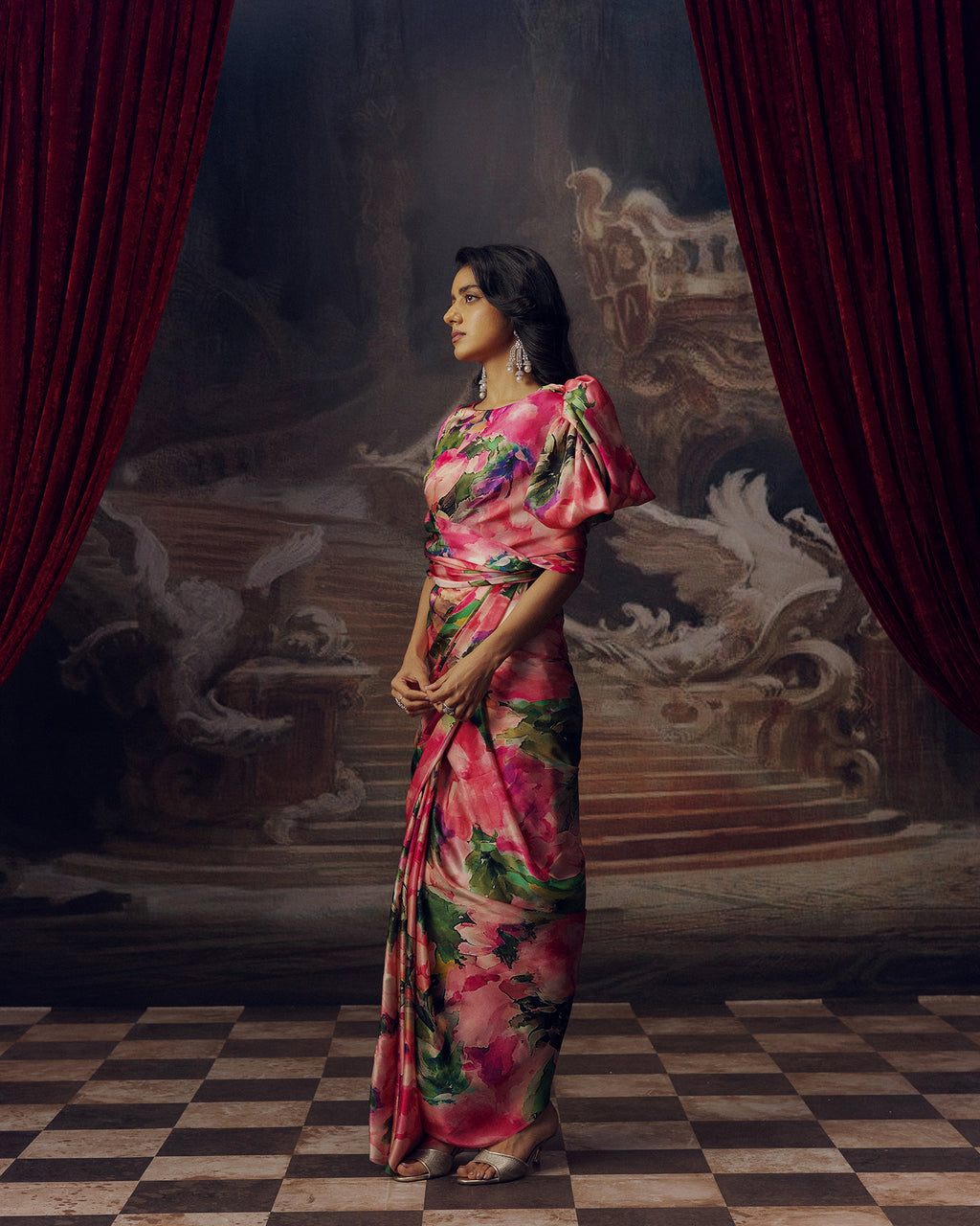 Green and Pink Satin Crepe Silk Saree