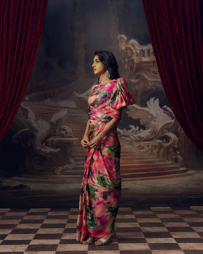 Green and Pink Satin Crepe Silk Saree