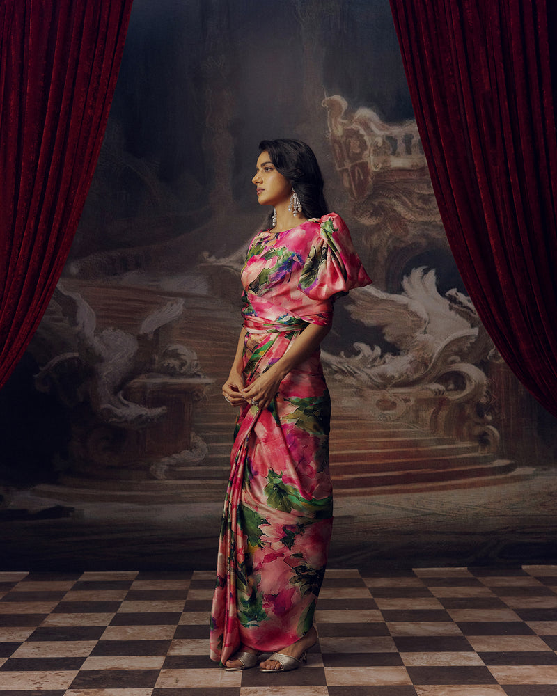 Green and Pink Satin Crepe Silk Saree