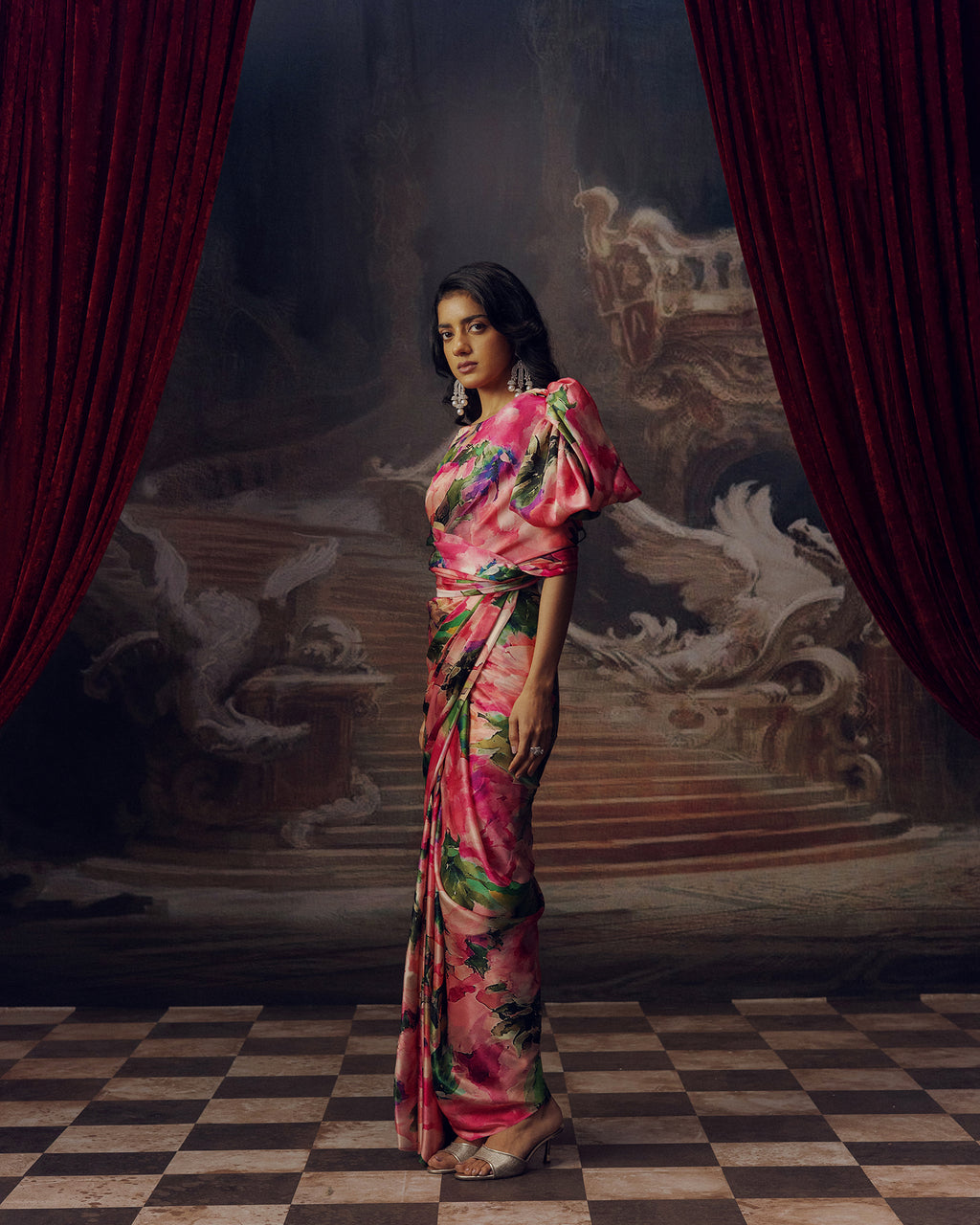 Green and Pink Satin Crepe Silk Saree