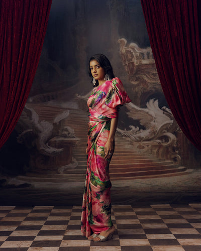 Green and Pink Satin Crepe Silk Saree