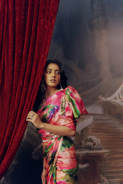 Green and Pink Satin Crepe Silk Saree