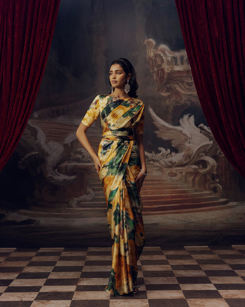 Green and Orange Satin Crepe Silk Saree