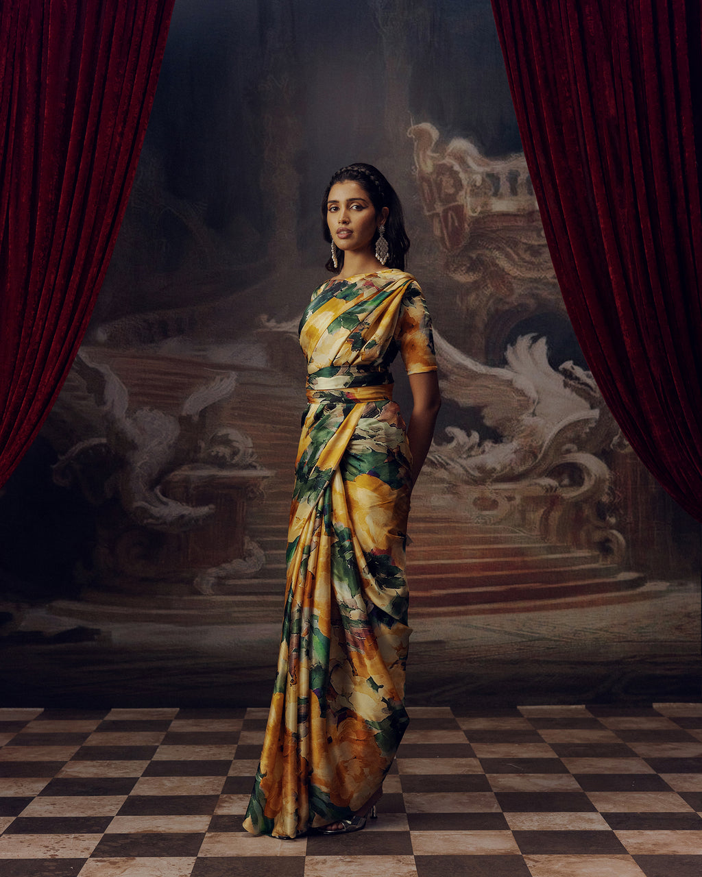 Green and Orange Satin Crepe Saree