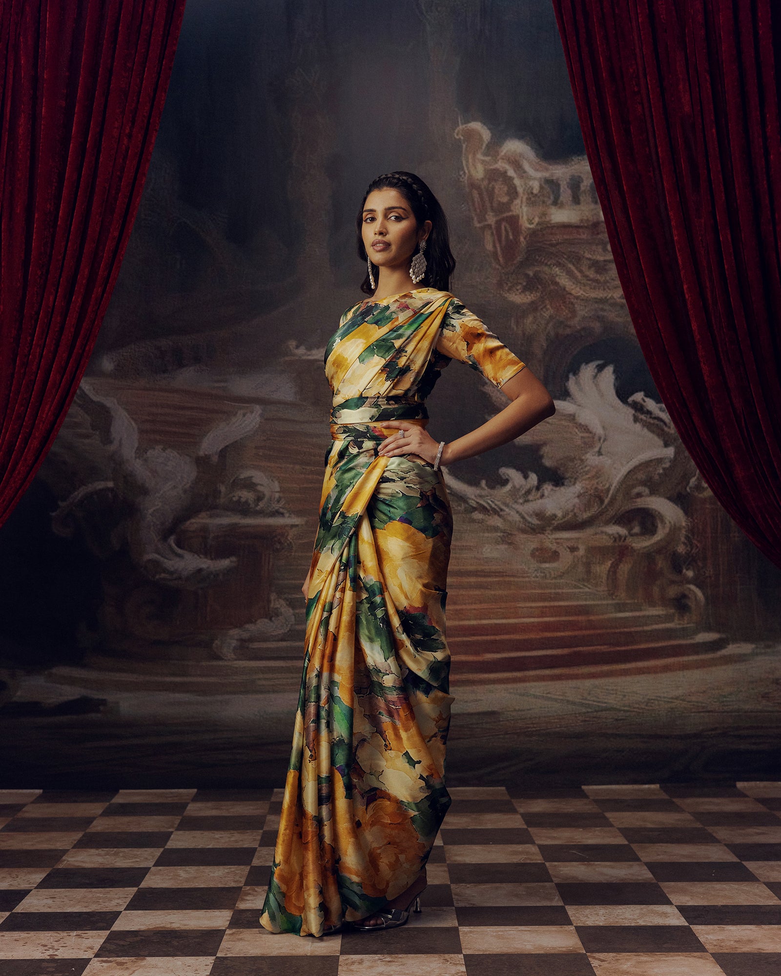 Green and Orange Satin Crepe Saree