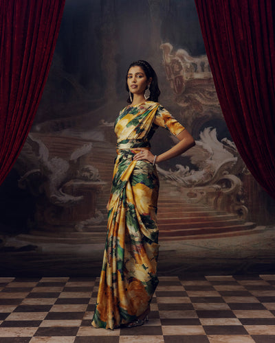 Green and Orange Satin Crepe Saree