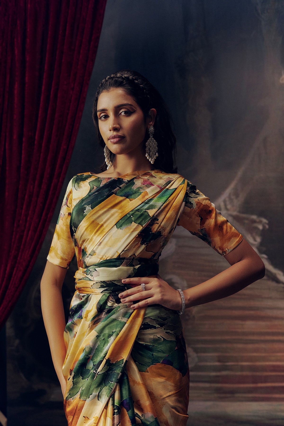 Green and Orange Satin Crepe Saree