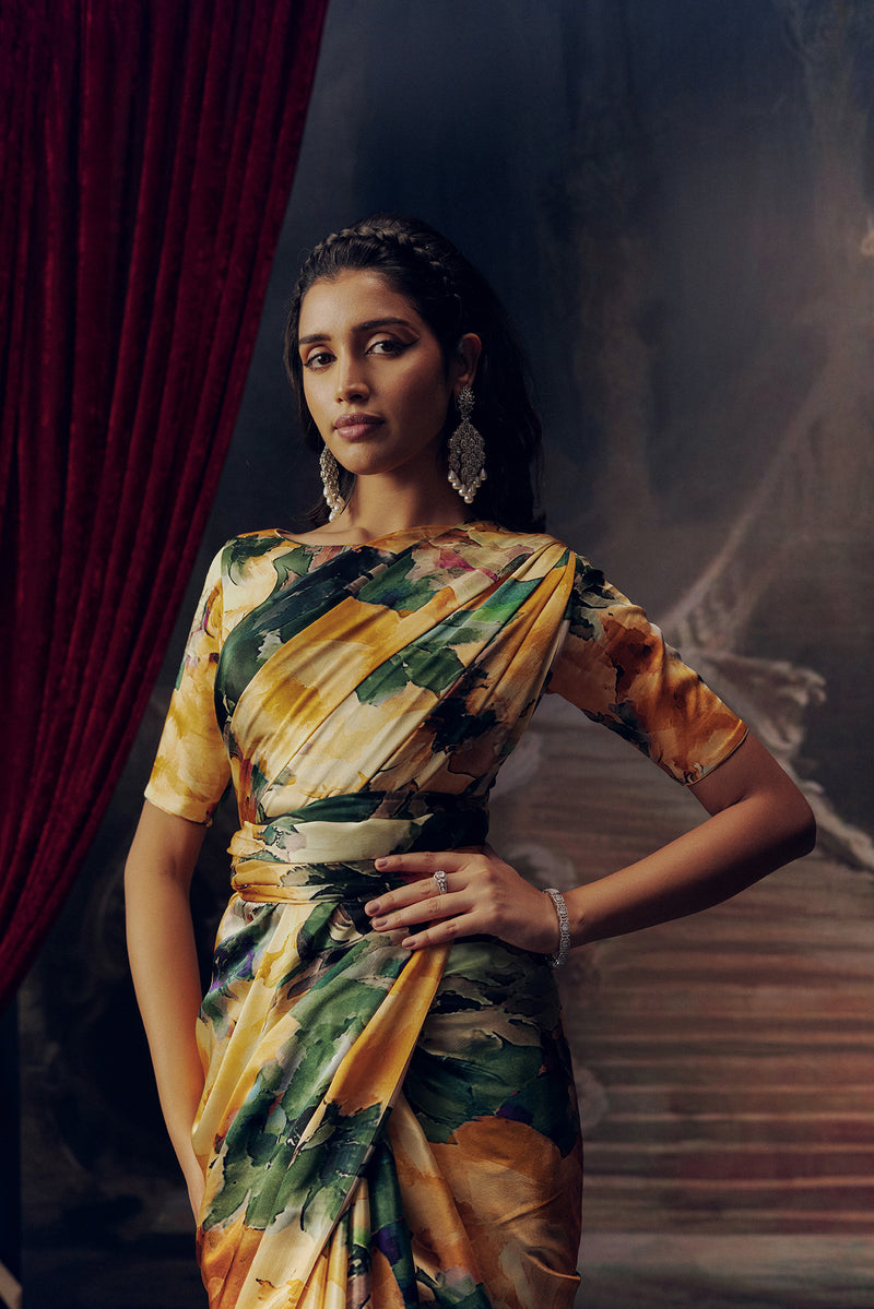 Green and Orange Satin Crepe Silk Saree