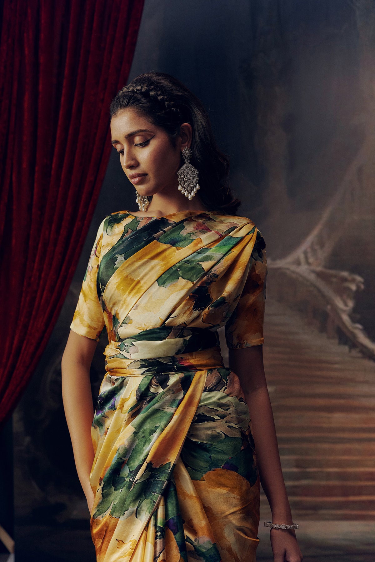 Green and Orange Satin Crepe Saree