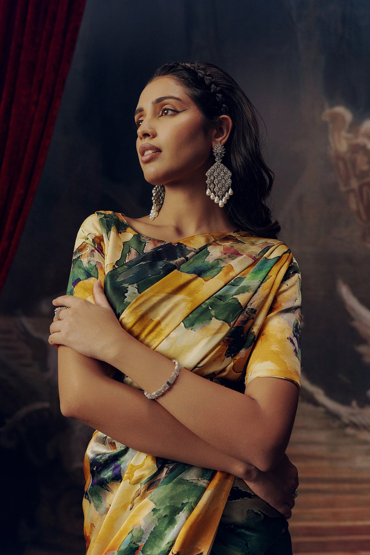 Green and Orange Satin Crepe Saree