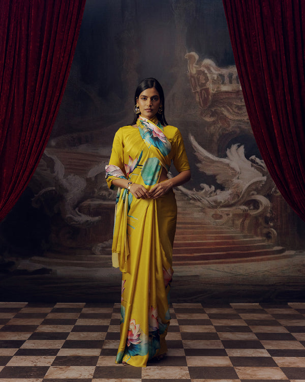 Yellow Satin Crepe Saree