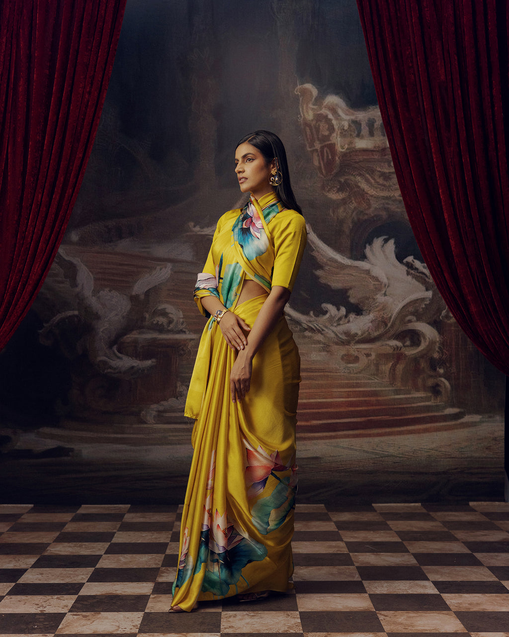 Yellow Satin Crepe Silk Saree