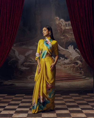 Yellow Satin Crepe Silk Saree