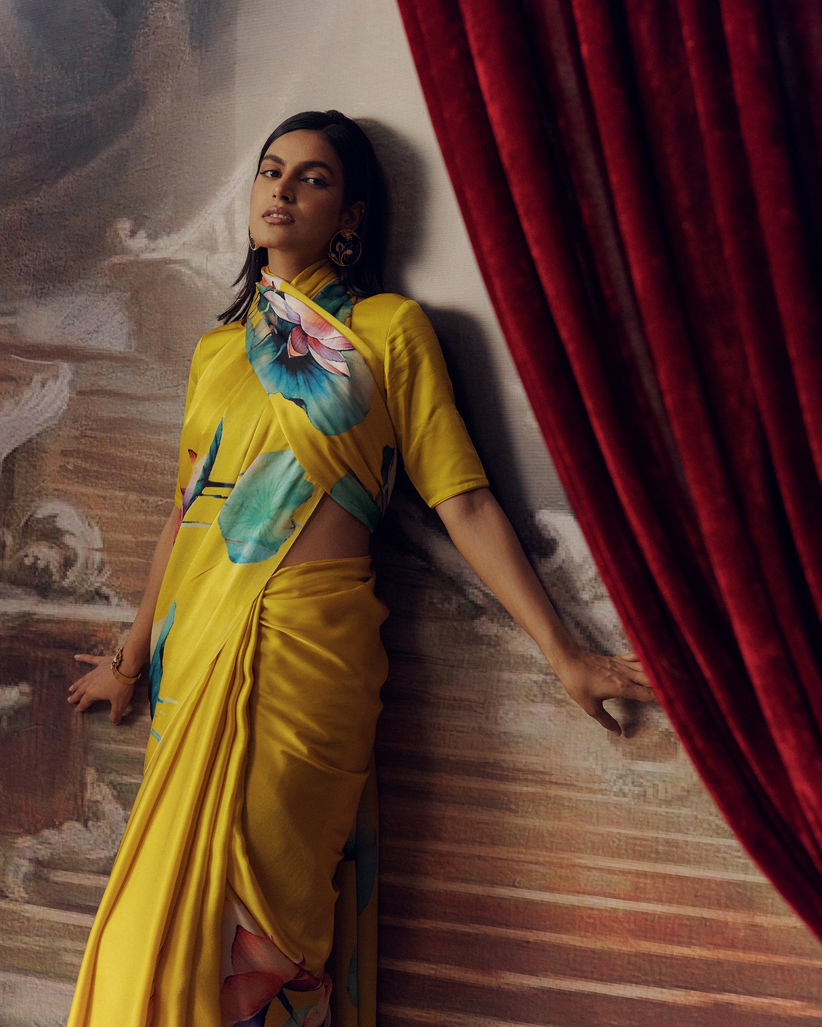 Yellow Satin Crepe Silk Saree
