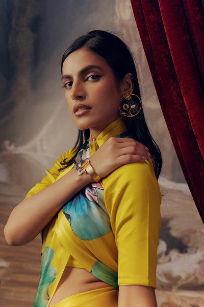 Yellow Satin Crepe Silk Saree