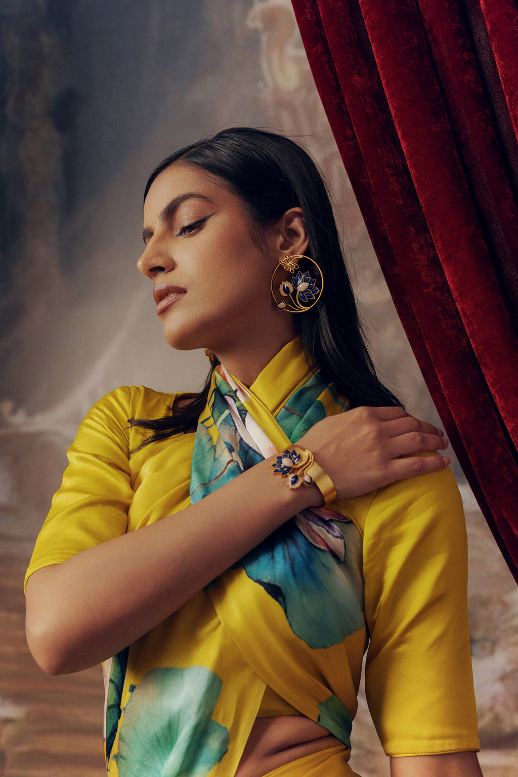 Yellow Satin Crepe Silk Saree