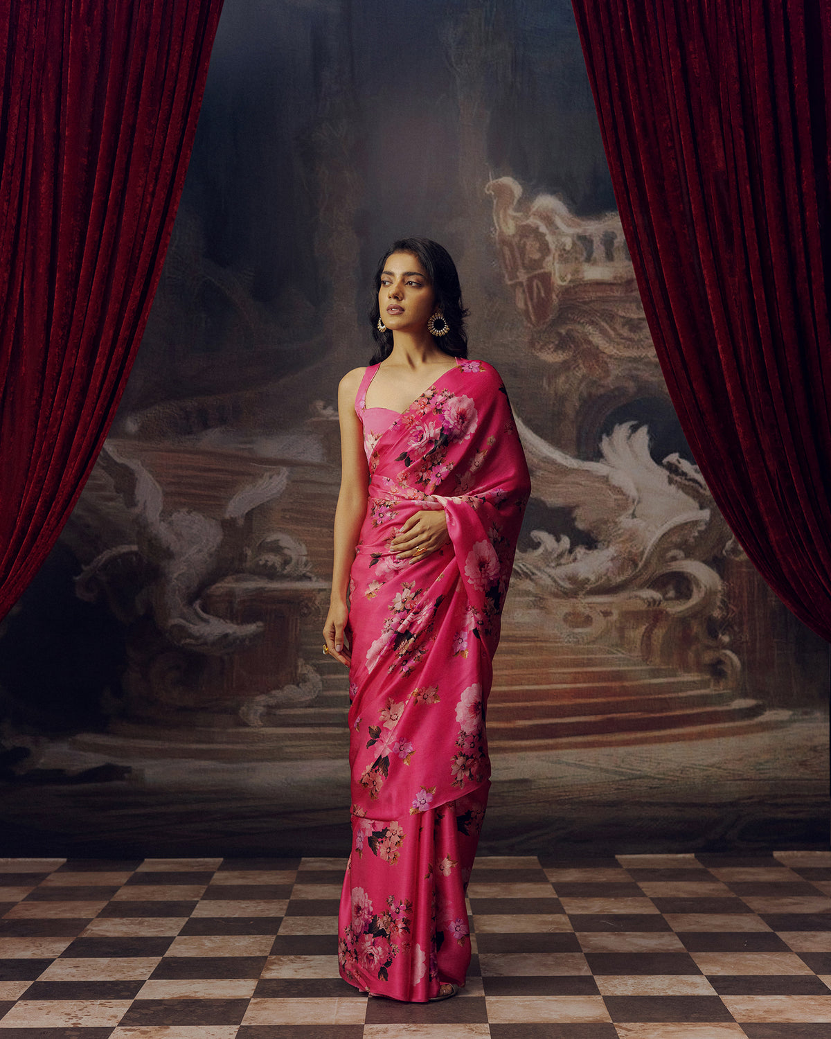 Pink Satin Crepe Saree