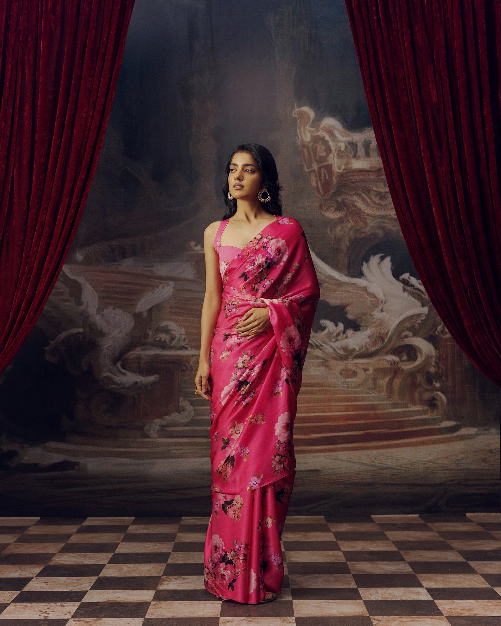 Pink Satin Crepe Saree