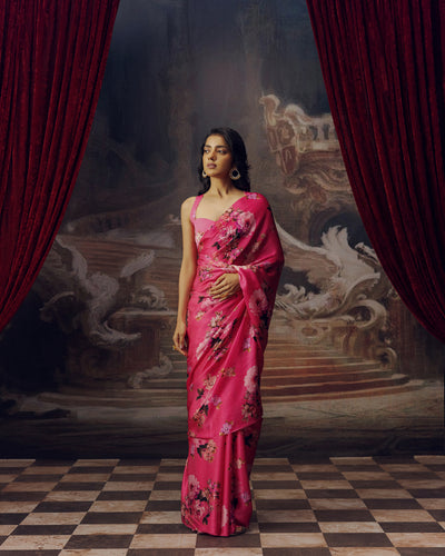Pink Satin Crepe Saree