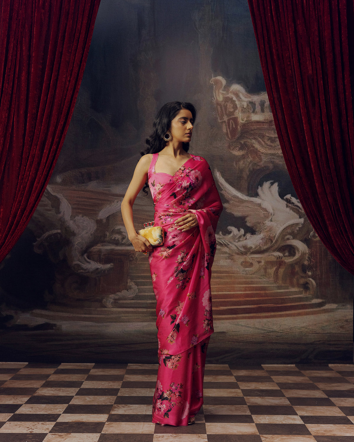 Pink Satin Crepe Saree