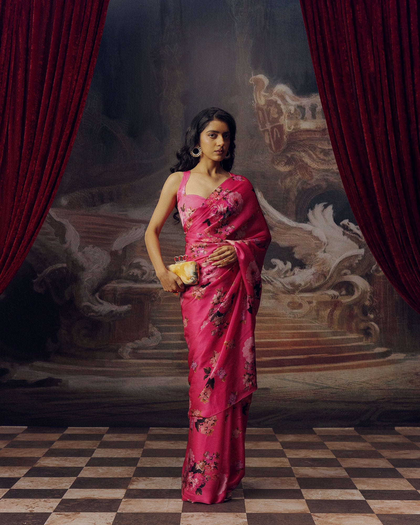 Pink Satin Crepe Saree