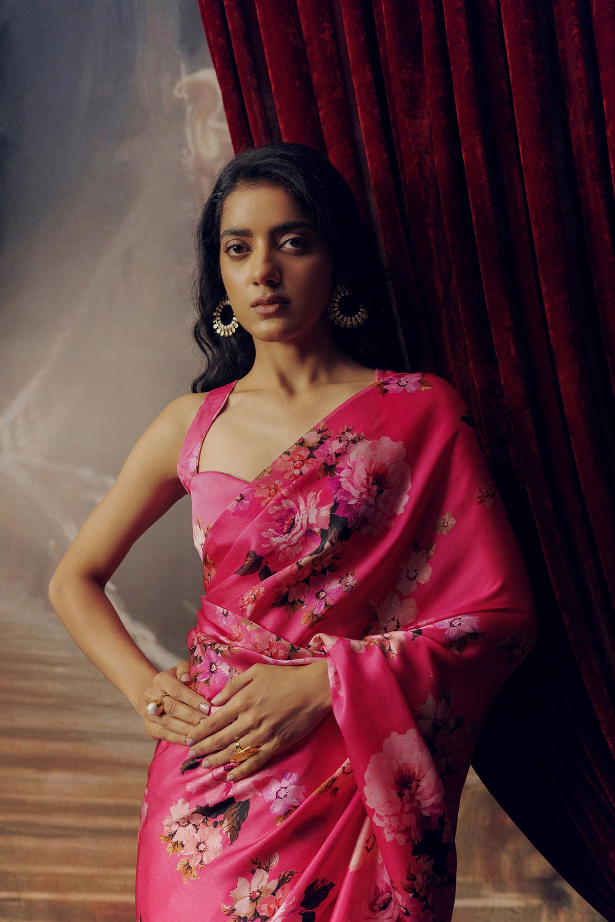 Pink Satin Crepe Saree
