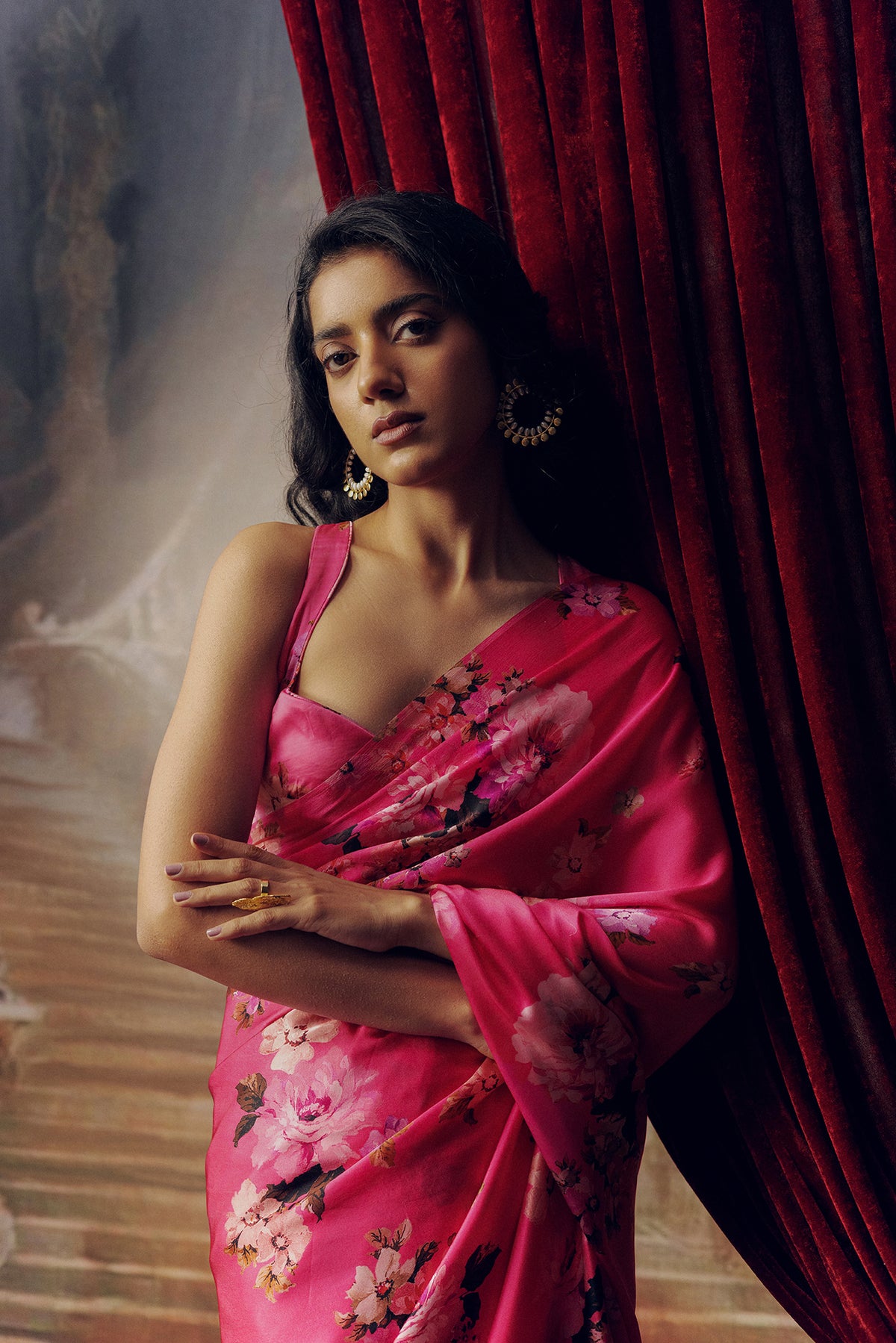Pink Satin Crepe Saree