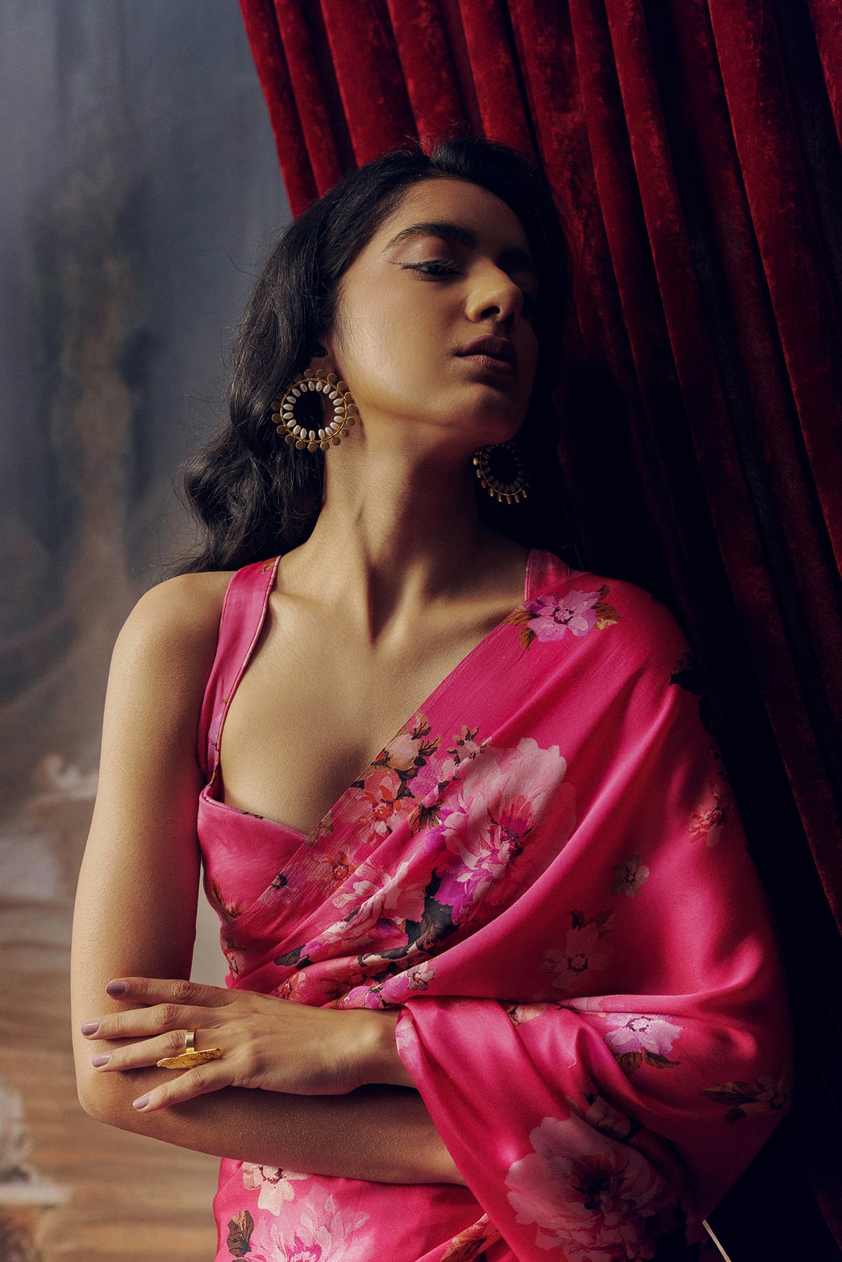 Pink Satin Crepe Saree