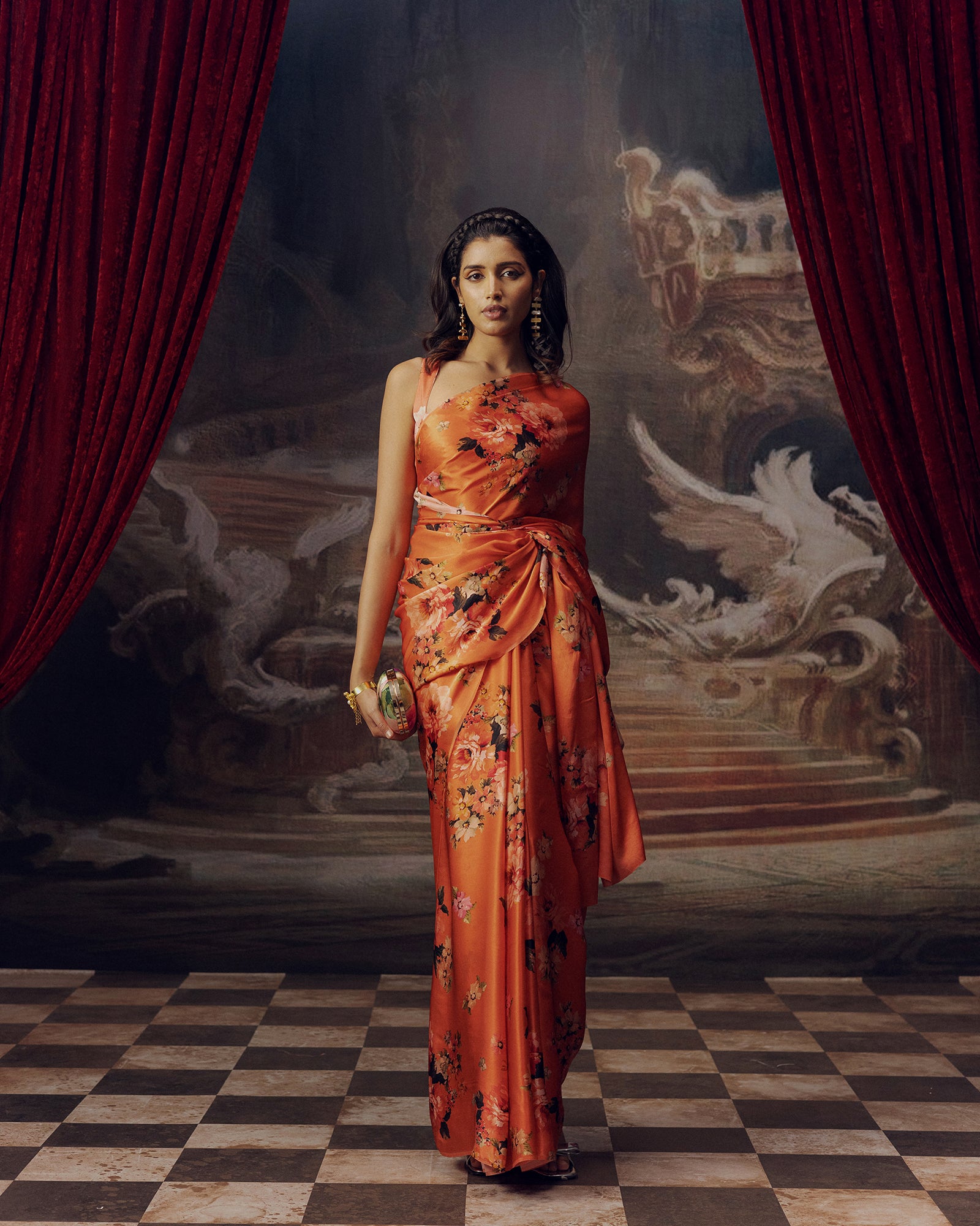 Peach Satin Crepe Saree