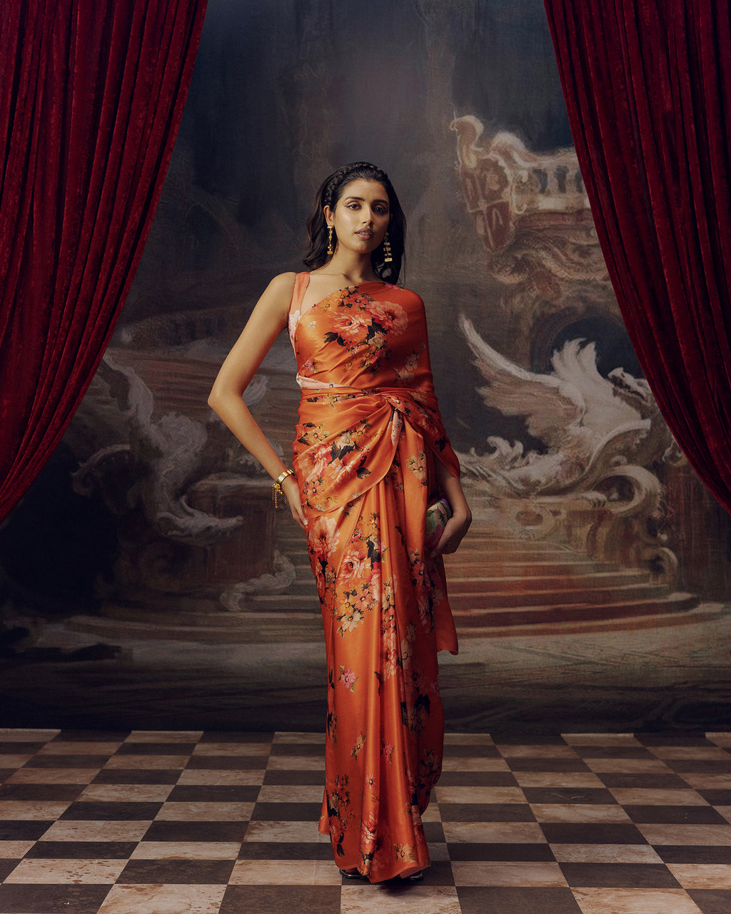 Peach Satin Crepe Silk Saree