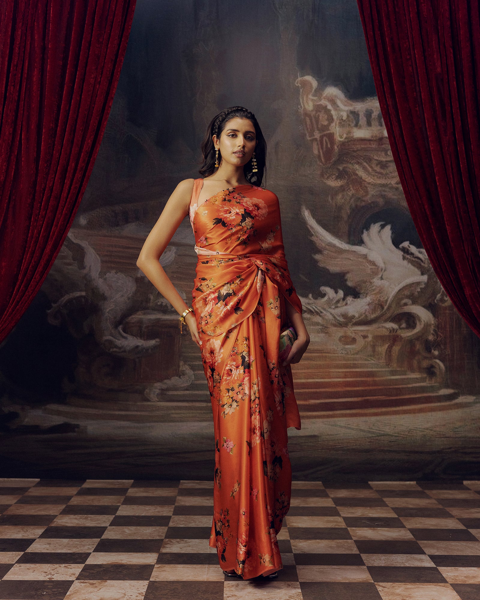 Peach Satin Crepe Saree